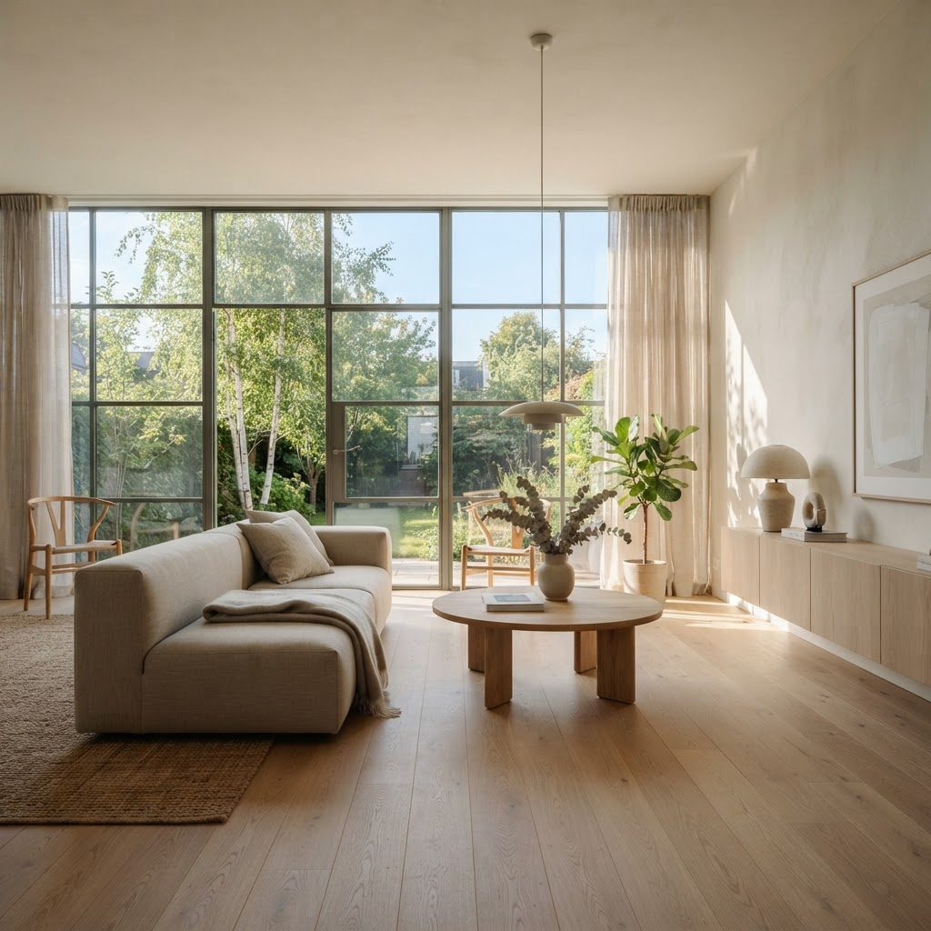 Sala de estar minimalista escandinava banhada por luz natural