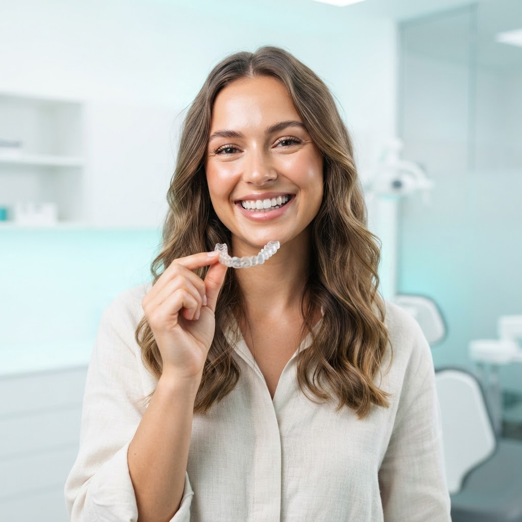 Paciente sorrindo segurando um alinhador transparente