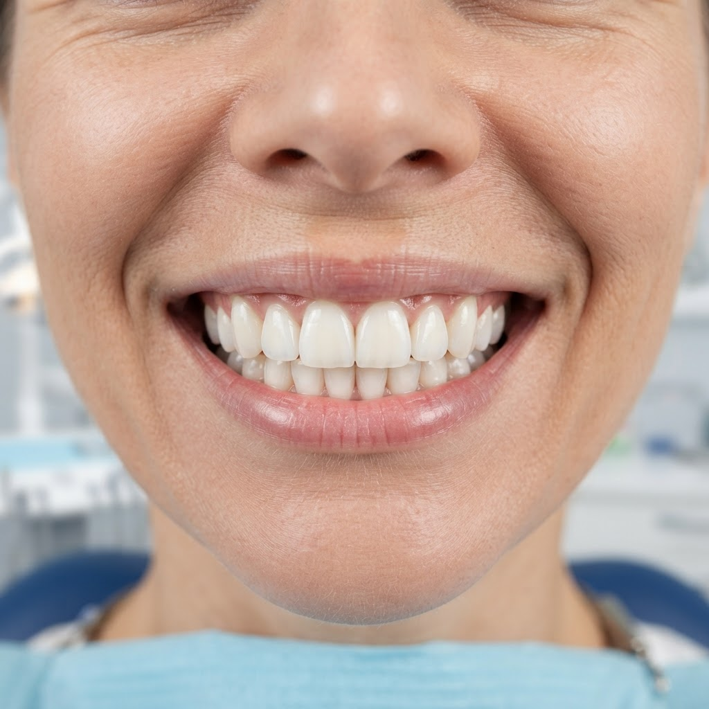 Sorriso depois do tratamento, dentes alinhados e brancos